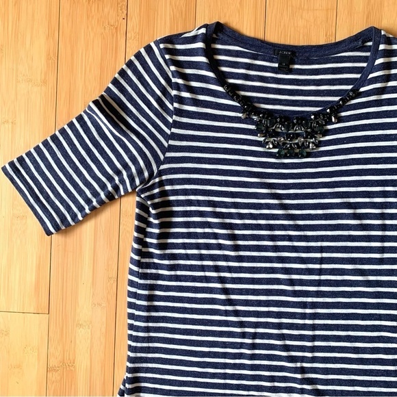 J. Crew Navy Blue and White Striped Gem Neckline Office Career Top - Picture 5 of 6